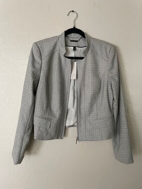 White House Black Market Light Grey Plaid Zip Jacket